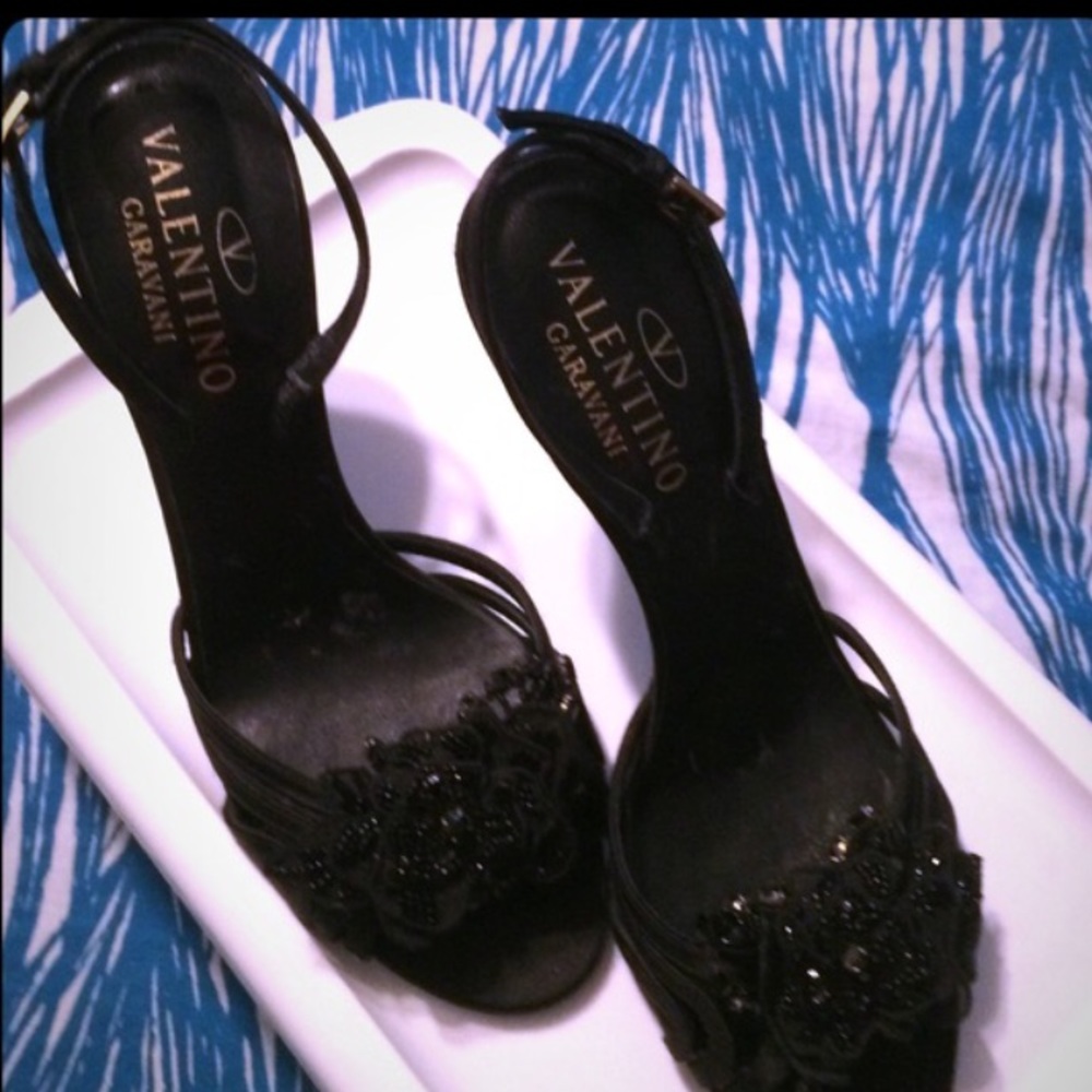 Valentino Designer Black strapped Satin heels.
